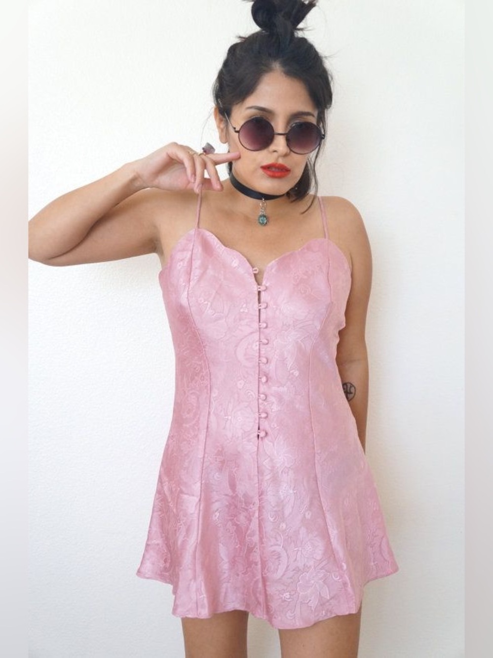 VTG 90s Victoria's Secret Gold Label Pink Floral Jacquard Satin Mini Slip Dress